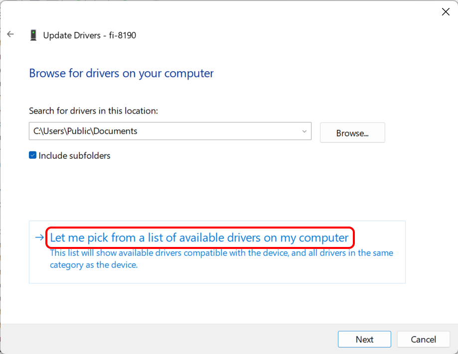 Let me pick from a list of available drivers on my computer